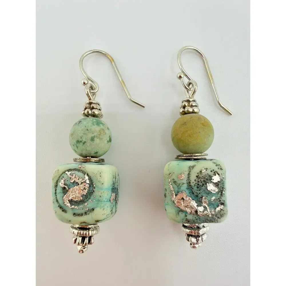 NEW Artisan Handcrafted Raku Pottery and Amazonite Dangle Earrings